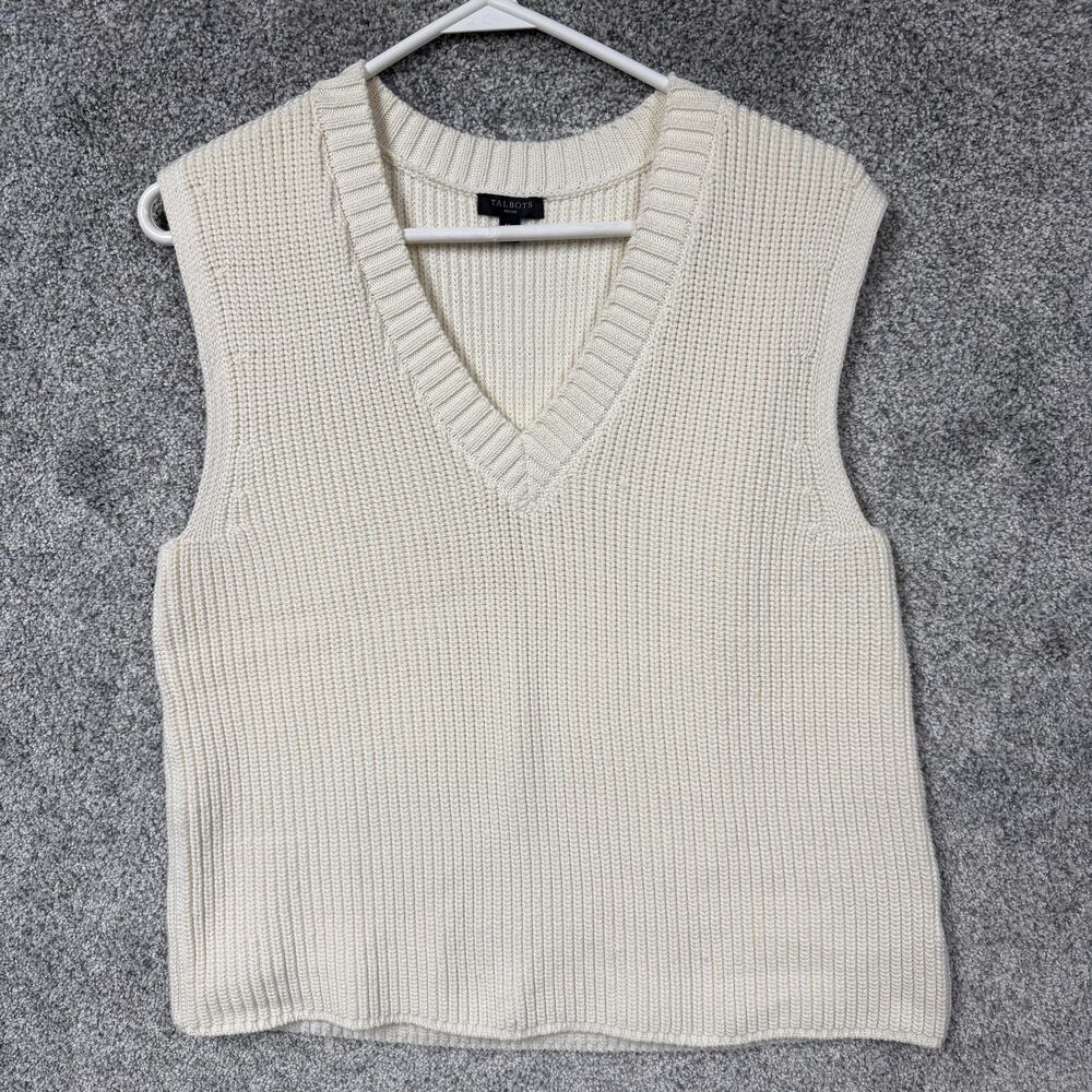 Talbots Sweater Vest Womens MP Petite White Knit V-Neck Quiet Luxury Grandpacore